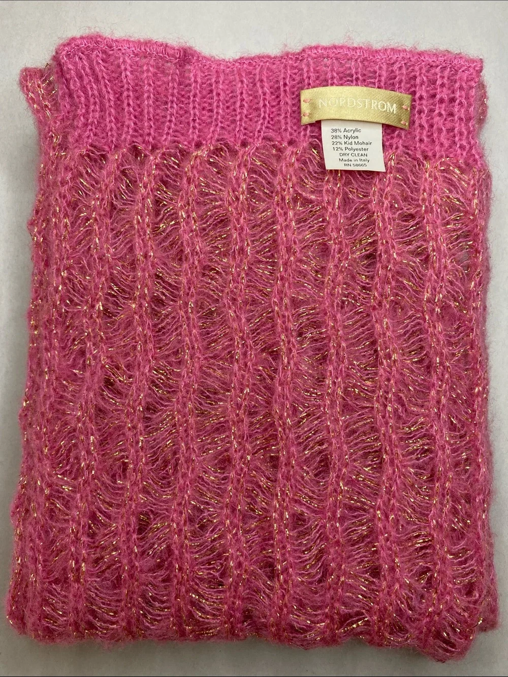 Nordstrom Made in Italy Pink Kid Mohair Metallic Open Knit Scarf 82”